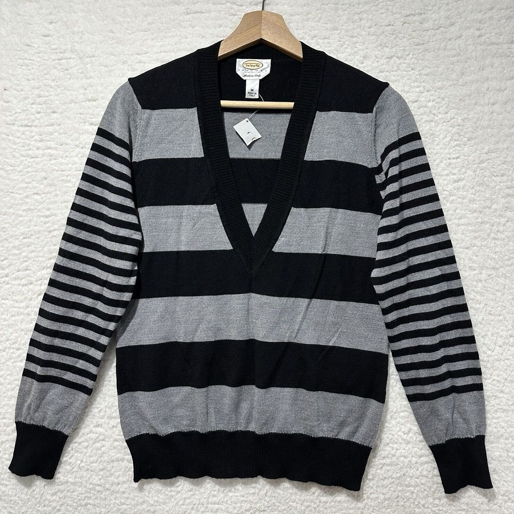 Talbots Petites Black Gray 100%Merino Wool Striped V Neck Sz M Made in Italy NWT